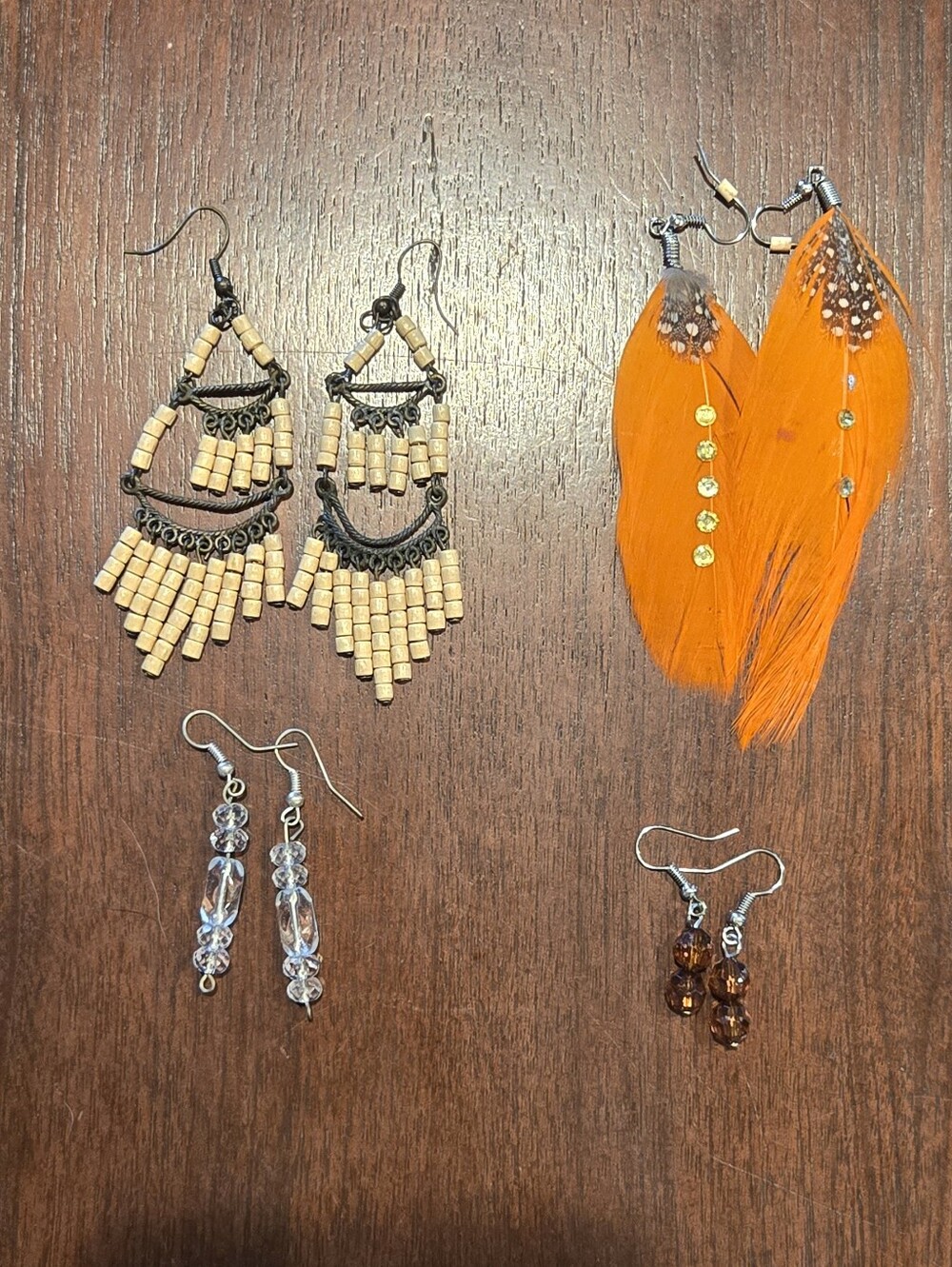 Set Of 4 Boho Orange Feather Dangle Earrings